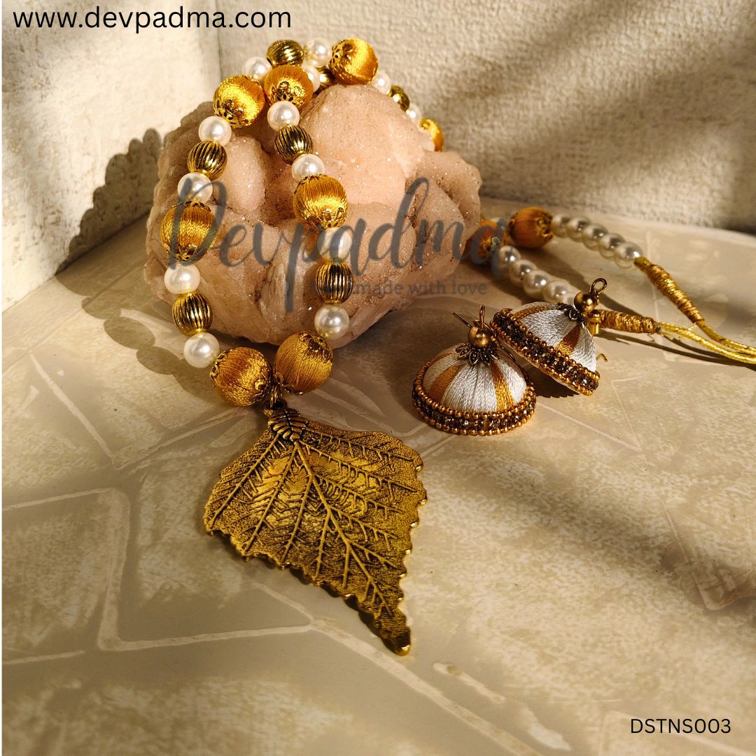 Mustard yellow silk thread long necklace set - Image 4