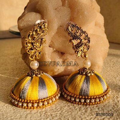 Royal Yellow & Grey Silk Thread Jhumka Earrings with Antique Gold Peacock Studs