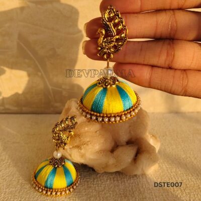 Handcrafted Silk Thread Jhumka Earrings with Peacock Stud – Lemon Yellow & Sky Blue