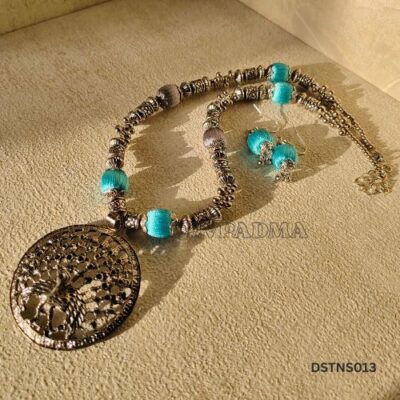 Light Blue & Grey Silk Thread Necklace Set with Oxidized Peacock Pendant