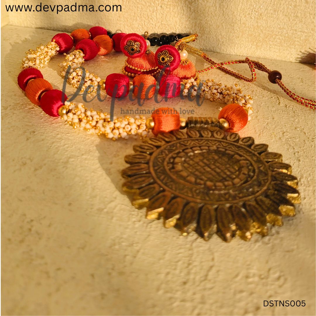 Red & Orange Silk Thread Necklace Set with Oval Antique Sunflower Pendant