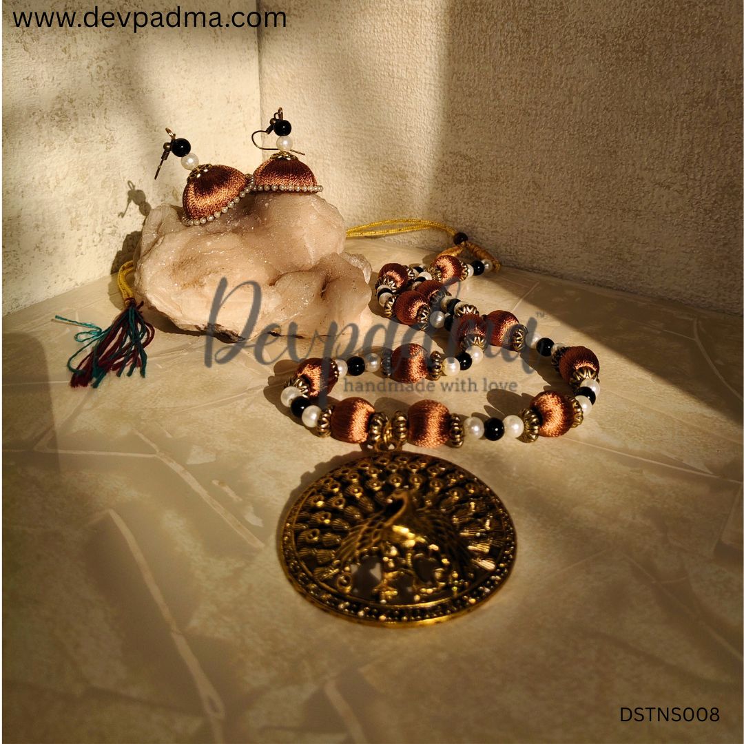 Handcrafted Silk Thread Necklace Set with Antique Peacock Pendant - Image 4