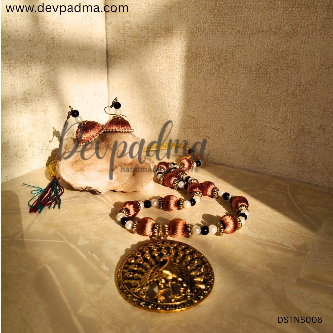 Handcrafted Silk Thread Necklace Set with Antique Peacock Pendant