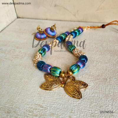 Multicolor Silk Thread Necklace Set with Golden Butterfly Pendant
