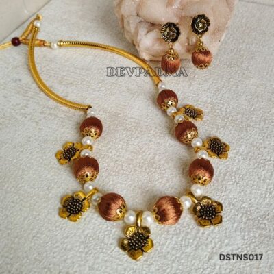 Terra Cotta Brown Silk Thread Choker Necklace Set with Golden Floral Charms
