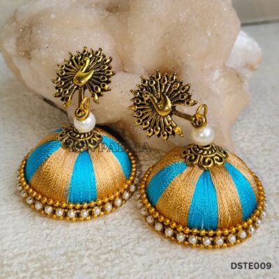 Light Blue & Golden Brown Silk Thread Jhumka Earrings with Antique Peacock Stud