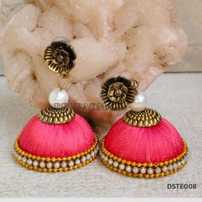 Handcrafted Deep Rose Pink Silk Thread Jhumka Earrings with Antique Floral Studs