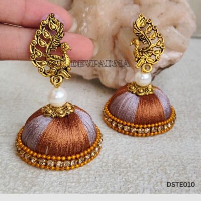 Terra Cotta Brown & Silver(Ash)Silk Thread Jhumkas with Antique Peacock Stud