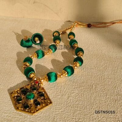 Emerald Green Silk Thread Necklace Set with Antique Hexagonal Pendant