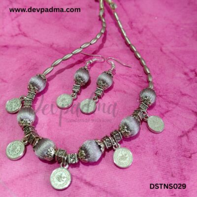 Dusty Muted Purple Silk Thread Choker Necklace Set with Coin Charm