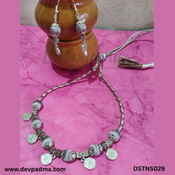 Dusty Muted Purple Silk Thread Choker Necklace Set with Coin Charm - Image 2