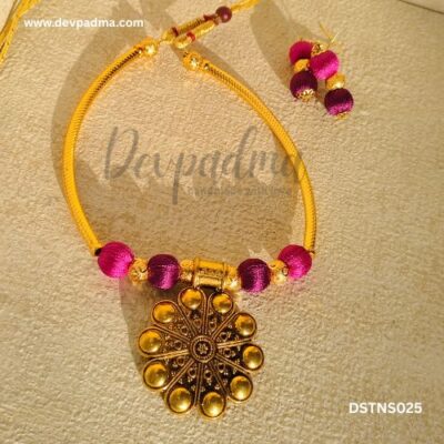 Silk Thread Choker Necklace Set with Floral Pendant