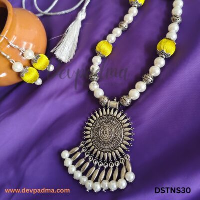 Handcrafted Silk Thread Necklace Set with Oxidized Sunburst Pendant – Yellow & White