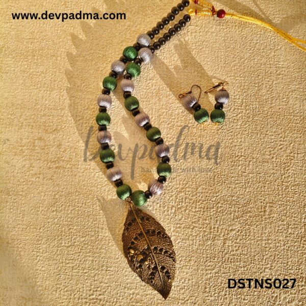 Green & Silver Silk Thread Necklace Set with Leaf Pendant - Image 3