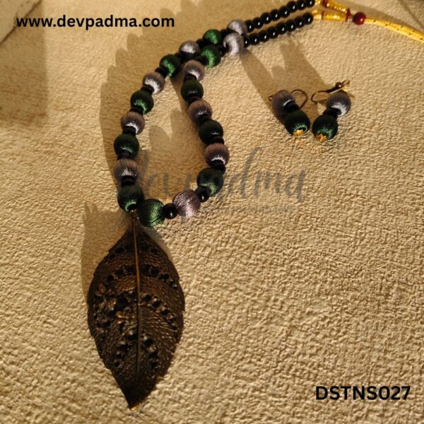 Green & Silver Silk Thread Necklace Set with Leaf Pendant - Image 2