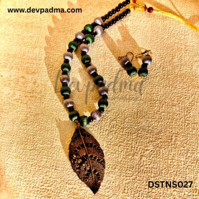 Green & Silver Silk Thread Necklace Set with Leaf Pendant