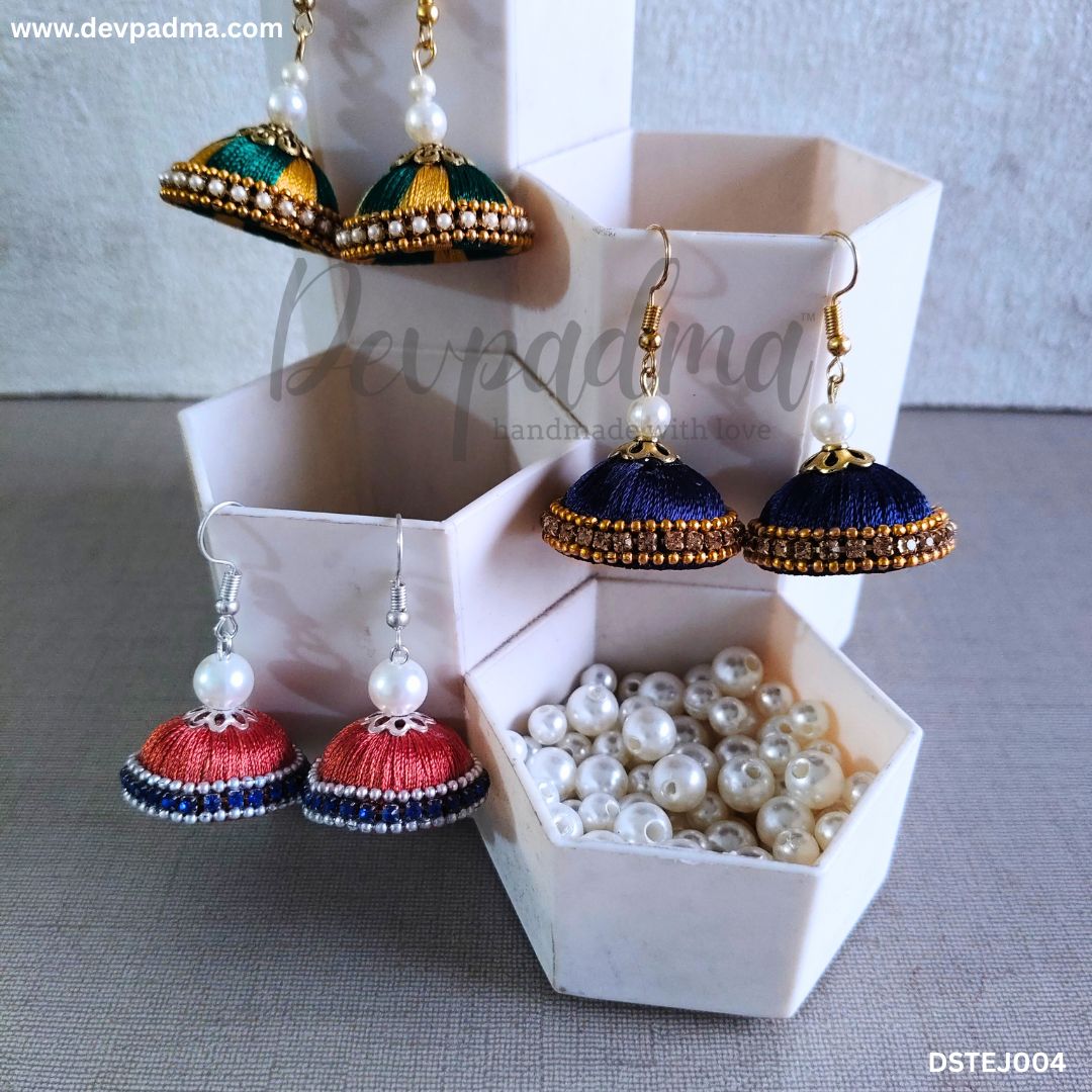 Silk Thread Jhumka Earrings - Set of 3 Pairs - Image 3