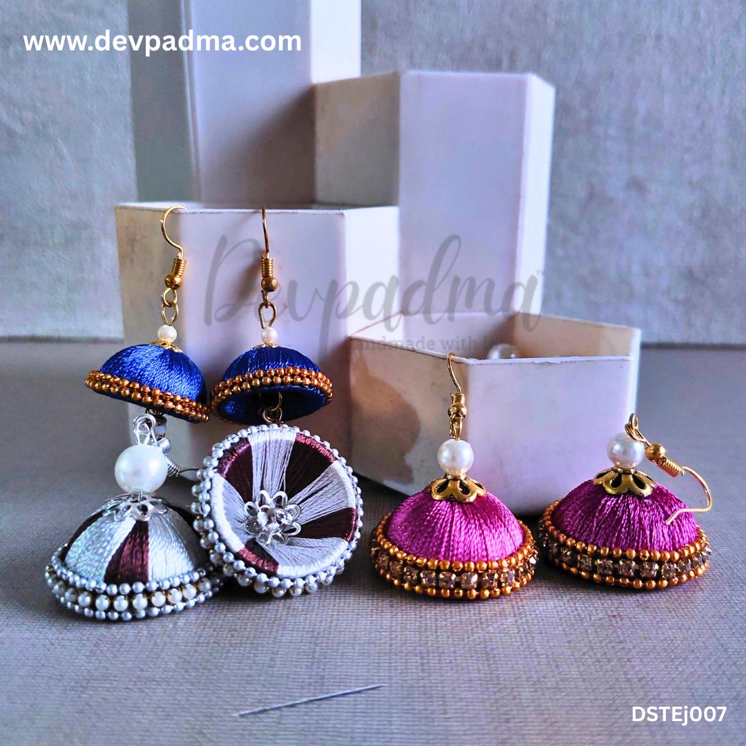 Vibrant Silk Thread Jhumka Earrings – Set of 3 Pairs - Image 3