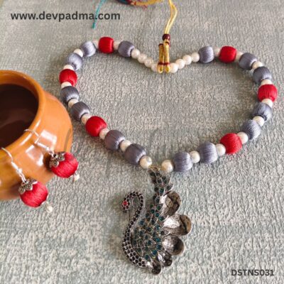 Elegant Red & Dusty Lavender Silk Thread Necklace with Antique Peacock Pendant