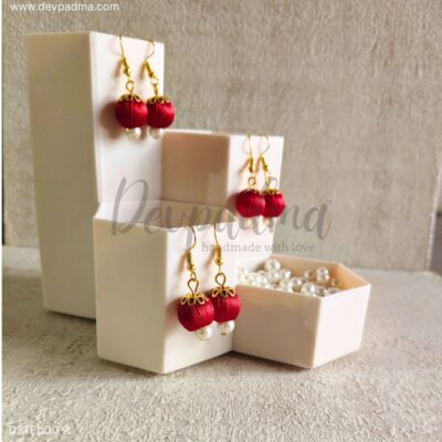 Handmade Red Silk Thread Earrings with Double Pearl Drop