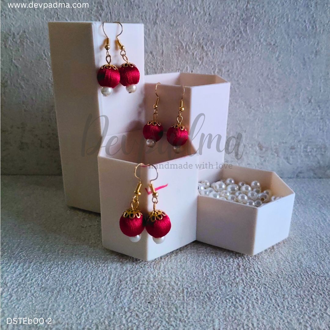 Handmade Red Silk Thread Earrings with Double Pearl Drop - Image 3